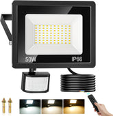 LED flood light with motion sensor, remote control, and multiple light color options on a white background.